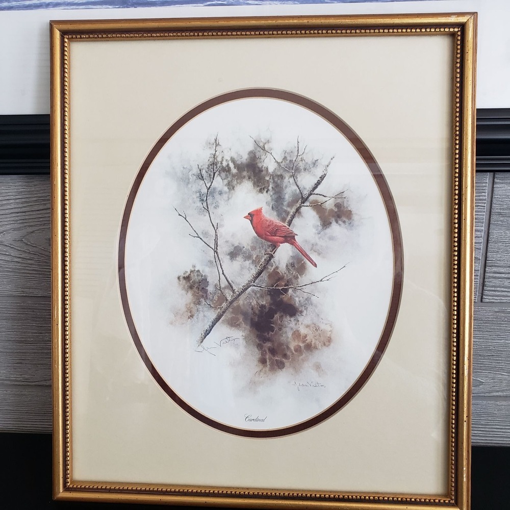 ART - Vintage Signed Jean Vietor Print 12.5x14.5 Framed Cardinal Bird VTG Art